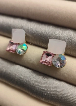 Trending Geometric Crystal Cluster Stud Earrings | Pink, White & Iridescent Gem Minimalist Glam, brand: Oliver Bonas, condition: Very good, £8.20, £9.31 includes Buyer Protection