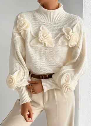 Pull femme M col montant crème, pull tricot fleurs 3D roses en relief, maille épaisse élégante, brand: Vintage, condition: Very good, size: M / 38 / 10, €40.00, €42.70 includes Buyer Protection Pro