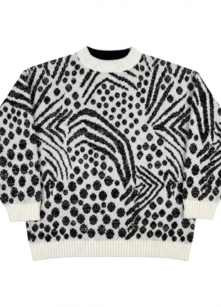 Pull Vintage 90's Motif Abstrait | Noir Blanc Argenté | Taille M/L Femme, brand: Vintage Dressing, condizioni: Ottime, taglia: L / IT 44 / EU 40, €15.00, €16.45 include la Protezione acquisti