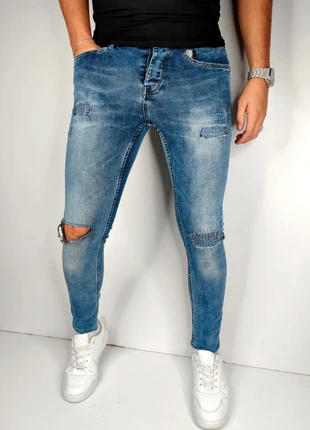 Jean bleu blanc à rayures troué destroy bonobo slim fit T 34, marque: Bonobo, état: Très bon état, taille: XS, 12,00 €, 13,30 € Protection acheteurs (Pro) incluse