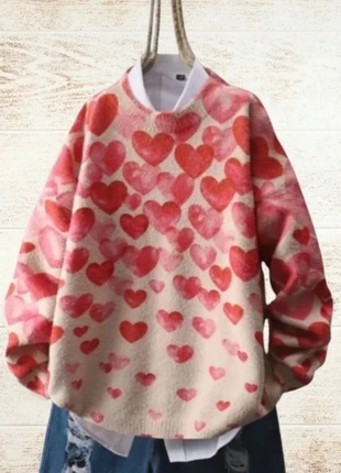Pull oversize imprimé cœurs dégradés (rose/rouge) romantique, merk: Dolce Vita, staat: Nieuw met prijskaartje, maat: XL / 42 / 14, € 43,00, € 45,85 inclusief Kopersbescherming