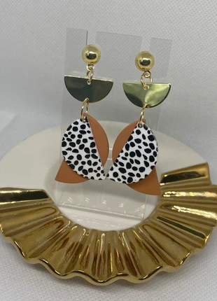 Modern Boho Statement Earrings - Gold, Tan, & Dalmation Print Clay Drops, brand: Oliver Bonas, condition: Very good, £7.99, £9.09 includes Buyer Protection Pro