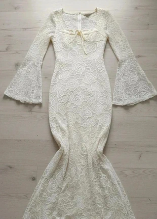 Robe longue blanche ajustée manches évasées style dentelle et col carré/Taille M, marque: Vintage, état: Très bon état, taille: M / 38 / 10, 54,00 €, 57,40 € Protection acheteurs incluse