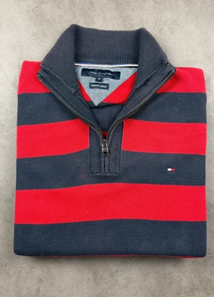 Pull Tommy Hilfiger Half zip 1/4 zip col camionneur Rouge bande Noir logo brodé Taille M #B001 - 222, merk: Tommy Hilfiger, staat: Heel goed, maat: M, € 20,00, € 21,70 inclusief Kopersbescherming
