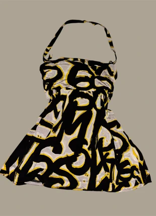 Y2K Graffiti Abstract Halter Top Black & Yellow Slogan Print Strapless Tunic / Top, merk: Miss Sixty, staat: Heel goed, maat: M / 38 / 10, € 15,00, € 16,45 inclusief Kopersbescherming