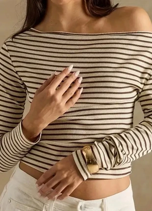 Top rayé beige & marron – Épaules dénudées – Taille M, condition: Very good, size: M / 38 / 10, €28.00, €30.10 includes Buyer Protection