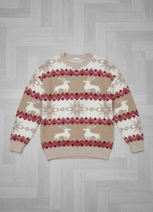 Pull d’hiver beige, rouge et blanc à motif rennes et flocons – Taille M, marque: Boutique Parisienne, état: Très bon état, taille: M, 51,90 €, 55,20 € Protection acheteurs incluse
