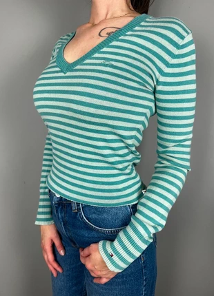Pull col V Tommy Hilfiger vert rayé logo brodé - S femme - coton LTH 514, marque: Tommy Hilfiger, état: Bon état, taille: S / 36 / 8, 10,00 €, 11,20 € Protection acheteurs (Pro) incluse
