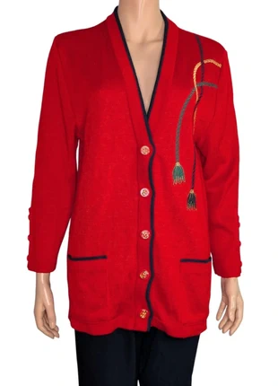 2033 - gilet vintage rouge année 80 broderies à pompons chic l, marque: Vintage Dressing, état: Très bon état, taille: L / 40 / 12, 15,00 €, 16,45 € Protection acheteurs incluse