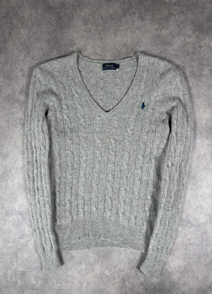 Pull En Col V Torsadé En Laine | Tressé Ralph Lauren Gris | Logo Brodé Bleu Marine | Taille S Femme, marke: Ralph Lauren, zustand: Sehr gut, größe: S / 36 / 8, 49,90 €, 53,10 € inklusive Vinted-Käuferschutz
