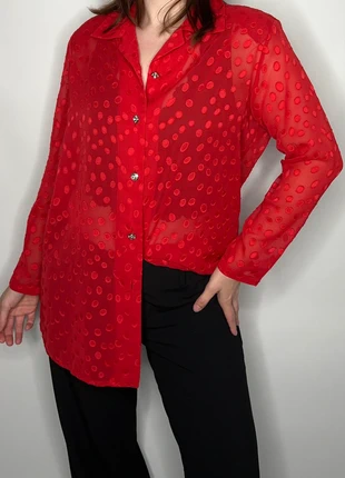 1980s red sheer polkadot indie retro copenhagen grunge festive bohemian hippie western blouse, merk: Vintage, staat: Heel goed, maat: L / 40 / 12, € 15,00, € 16,45 inclusief Kopersbescherming Pro