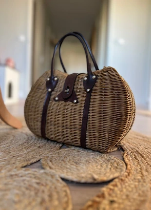 Sac osier bohème rétro, panier vintage en cuir marron style années 70, brand: autre, condition: Very good, €45.00, €47.95 includes Buyer Protection Pro