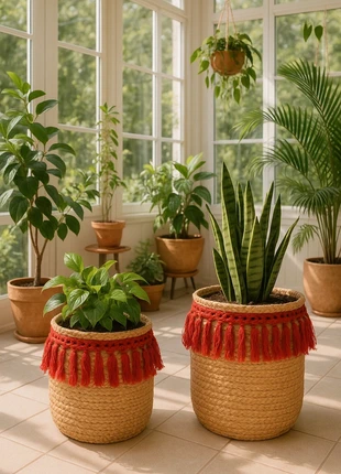 Lot de 2 paniers en jute décoratifs avec franges rouges - Urban Living, marque: Urban Living, état: Très bon état, 6,00 €, 7,00 € Protection acheteurs (Pro) incluse
