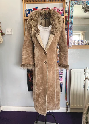 y2k vintage beige faux suede faux fur fleece lined long maxi afghan coat winter, brand: Diva, condition: Very good, size: M / 10, £40.00, £42.70 includes Buyer Protection