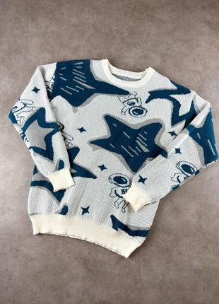 Pull rétro oversize, knit Y2K en coton gris et bleu marine, noir à motif étoiles - 2000's, brand: Aesthetic, condition: Very good, size: M, €35.00, €37.45 includes Buyer Protection Pro