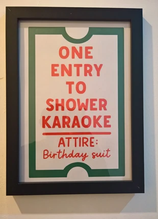 Funny Bathroom Wall Art – One Entry to Shower Karaoke Print (A4 Framed), brand: Funny, condition: New without tags, £10.00, £11.20 includes Buyer Protection
