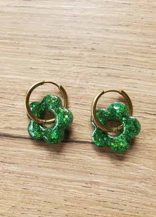 Boucles d'oreilles fleurs vertes résine cadeau Noël paillettes créoles dorées, brand: boucles d'oreilles vertes, condizioni: Ottime, €7.00, €8.05 include la Protezione acquisti Pro