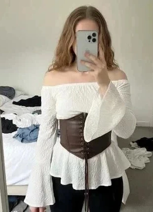 Blouse blanche manches évasées avec corset marron femme #016, merk: véloria, staat: Heel goed, maat: M / 38 / 10, € 34,99, € 37,44 inclusief Kopersbescherming