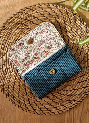 Portefeuille en velours côtelé et coton fleuri – fait main – rose bleu canard - compagnon, brand: Fait Main, condizioni: Ottime, €24.00, €25.90 include la Protezione acquisti