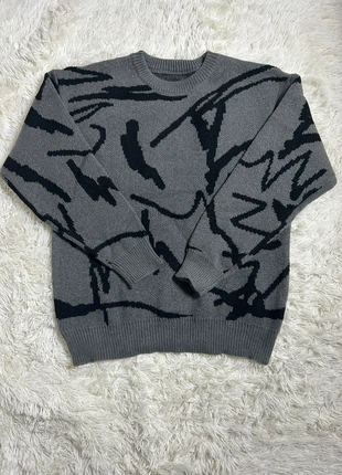 Pull en maille rétro oversize, knit Y2K vintage en coton gris à motif abstrait noir- Taille L, marque: Aesthetic, état: Très bon état, taille: L, 39,00 €, 41,65 € Protection acheteurs incluse