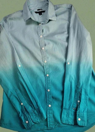 Chemise Tommy Hilfiger Classic Fit dégradé turquoise M | Tommy Hilfiger gradient shirt M, merk: Tommy Hilfiger, staat: Heel goed, maat: M / 38 / 10, € 19,90, € 21,60 inclusief Kopersbescherming