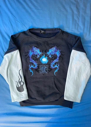 Navy Hoodie with Blue Flame Dragon Print & Contrast Tribal Sleeves, merk: Spiral, staat: Heel goed, maat: M / 38 / 10, € 25,00, € 26,95 inclusief Kopersbescherming