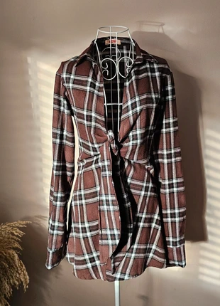 Brown Check Tie Front Tunic Shirt – Y2K Grunge Aesthetic, brand: Misspap, condition: Very good, size: XS / UK 4-6, £7.00, £8.05 includes Buyer Protection