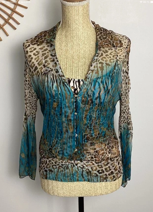 Chemisier fluide imprimé léopard et zébré turquoise + débardeur assorti, merk: Orna Farho, staat: Heel goed, maat: M / 38 / 10, € 19,00, € 20,65 inclusief Kopersbescherming