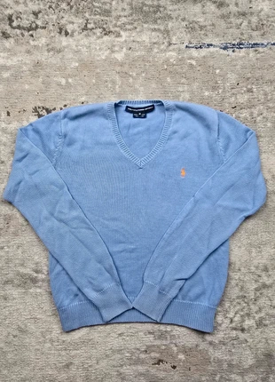 Pull Ralph Lauren femme Bleu clair Col V – Taille XXS/XS – Logo orange – 100% coton – Vintage, merk: Ralph Lauren, staat: Heel goed, maat: XXS / 32 / 4, € 30,00, € 32,20 inclusief Kopersbescherming