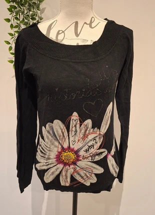 🖤 Pull Desigual noir – motif marguerite et cœurs, brand: Desigual, condizioni: Buone, taglia: M / IT 42 / EU 38, €8.00, €9.10 include la Protezione acquisti