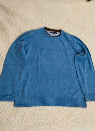 Tommy Hilfiger Vintage Knit Sweater, Blue Cotton, Contrast Collar, Flag Logo, Size XL, marca: Tommy Hilfiger, estado: Muito bom, tamanho: XL, €24.00, €25.90 inclui Proteção do Comprador