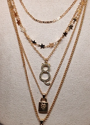 Viral 5-Layer Gold Necklace Stack | Cat, Lock & Star Charms | Maximalist Boho Designer Look, brand: Oliver Bonas, condition: Very good, £12.99, £14.34 includes Buyer Protection
