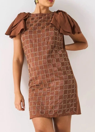 Robe marron irisé en organza et manches volantées V by Very - taille 40 (prix boutique : 59 euros), marca: V by Very, estado: Novo com etiquetas, tamanho: L / 40 / 12, €10.00, €11.20 inclui Proteção do Comprador