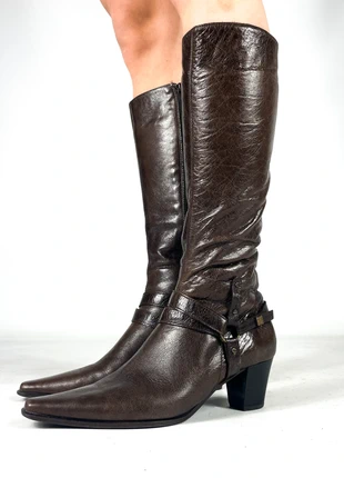 Braune Echtleder Mid-Calf Absatzstiefel mit Harness-Detail - Größe 38, marque: Sonstiges, état: Très bon état, taille: 38, 60,00 €, 63,70 € Protection acheteurs incluse