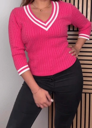 Pull col V Chaps Ralph Lauren manches 3/4 | Rose fuchsia à rayures blanches | Taille L, marque: Chaps Ralph Lauren, état: Très bon état, taille: L / 40 / 12, 19,00 €, 20,65 € Protection acheteurs (Pro) incluse