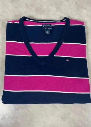 Pull Tommy Hilfiger femme M rayé rose fuchsia bleu marine col V coton chic vintage Code 044N, marke: Tommy Hilfiger, zustand: Sehr gut, größe: M / 38 / 10, 24,00 €, 25,90 € beinhaltet Vinted-Käuferschutz Pro