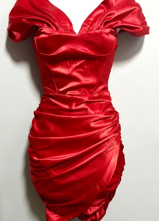 DressMeZee Red Satin Ruched Bardot Corset Mini Dress | Festive Glam | Evening Party Bodycon - Size 6, brand: Dressmezee, condition: Very good, size: XS / UK 4-6, £16.95, £18.50 includes Buyer Protection