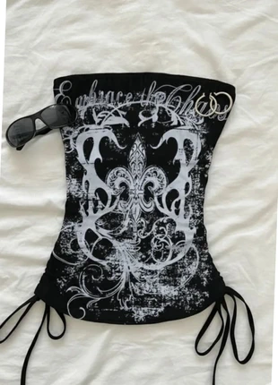 Top bustier noir imprimé fleur de lys style grunge, marke: noctyra, zustand: Sehr gut, größe: M / 38 / 10, 21,90 €, 23,70 € inklusive Vinted-Käuferschutz