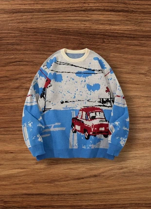 Pull Vintage Y2K Motifs Voiture Bleu Taille L- Américain Old School USA 90s Streetwear, brand: Aesthetic, condition: Very good, size: L, €49.90, €53.10 includes Buyer Protection