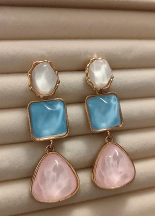 Viral Pastel Colour-Block Drop Earrings | Elegant Pink Blue White Resin Dangles | Statement Chic, brand: Oliver Bonas, condition: Very good, £8.20, £9.31 includes Buyer Protection