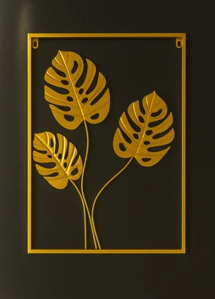 Cadre mural doré métal –3 Feuilles de monstera – 60x40 cm, marca: Art, estado: Muy bueno, 12,00 €, 13,30 € Protección al comprador incluida