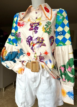 Chemise crème à motifs fantaisistes multicolores • dragons / serpents / cheval • taille L oversize, brand: Fantaisie, condition: Very good, size: L / 40 / 12, €44.50, €47.43 includes Buyer Protection