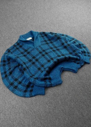 Pull Col Cheminé Vintage 80s Boxy en Maille Bleu / Noir à Motifs Imprimé Quadrillage 30% Mohair (L), brand: Mazzonetto, condizioni: Ottime, taglia: L, €26.00, €28.00 include la Protezione acquisti Pro