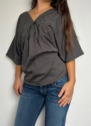 M&S dark grey v neck beaded flowy top y2k style 2000s 90s, brand: Marks & Spencer, condition: Very good, size: M / UK 12-14, £7.00, £8.05 includes Buyer Protection Pro