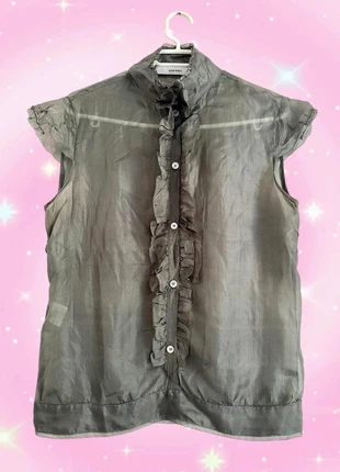 Julie sohn romantic sheer ruffled khaki short sleeve blouse, marque: Julie Sohn, état: Très bon état, taille: M / 38 / 10, 11,00 €, 12,25 € Protection acheteurs incluse