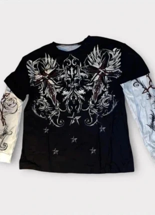 T-shirt manches longues femme noir blanc croix ailées tribal Y2K vintage 2000's core aesthetic rare, brand: y2k, condizioni: Nuovo senza cartellino, taglia: M, €38.00, €40.60 include la Protezione acquisti