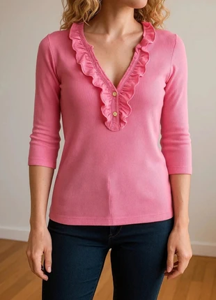 T-shirt Lauren Ralph Lauren Femme, Col V a volants, Rose, Taille M – Tres bon etat, marke: Ralph Lauren, zustand: Sehr gut, größe: M / 38 / 10, 30,00 €, 32,20 € inklusive Vinted-Käuferschutz