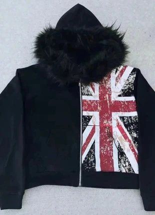 Union Jack Black Faux Fur Zip Hoodie (Large), brand: y2k, condition: New without tags, size: L / 12, £50.00, £53.20 includes Buyer Protection Pro