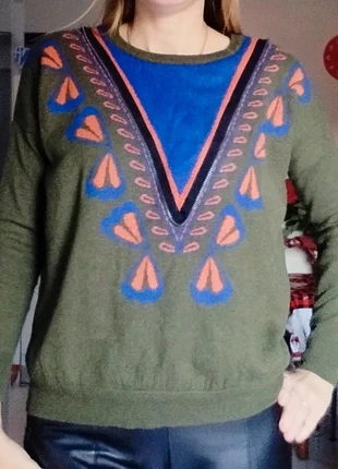 💚maglione lana maniche lunghe fantasia verde kaki blu arancione donna M/38/42, marca: Lana, estado: Bom, tamanho: M / 38 / 10, €7.00, €8.05 inclui Proteção do Comprador