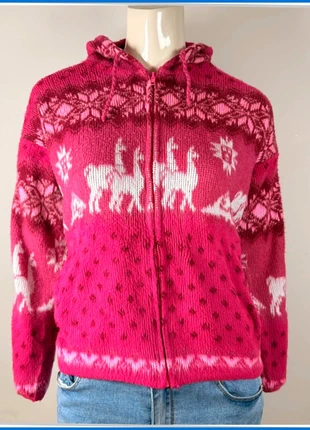 Handmade Ecuador alpaca wool hoodie, pink and white llama pattern, zip-up Andean sweater, size 10, marke: Alpaga, zustand: Sehr gut, größe: M / 38 / 10, 21,90 €, 23,70 € inklusive Vinted-Käuferschutz